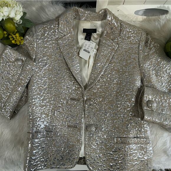 NEW J. Crew Wool Metallic Silver Brocade Jacquard Career Suit Blazer Jacket RARE - Picture 4 of 15
